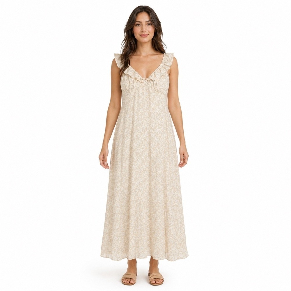 Loft Outlet Womens Beige Floral Ruffle V-Neck Maxi Dress Size 8 Cottagecore